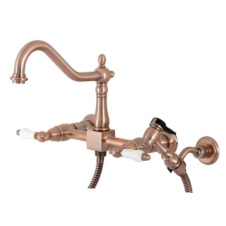 Kingston Brass Heritage 2-Handle Wall Mnt Bridge Kitchen Faucet W/Brass Sprayer, Cppr KS124PLBSAC